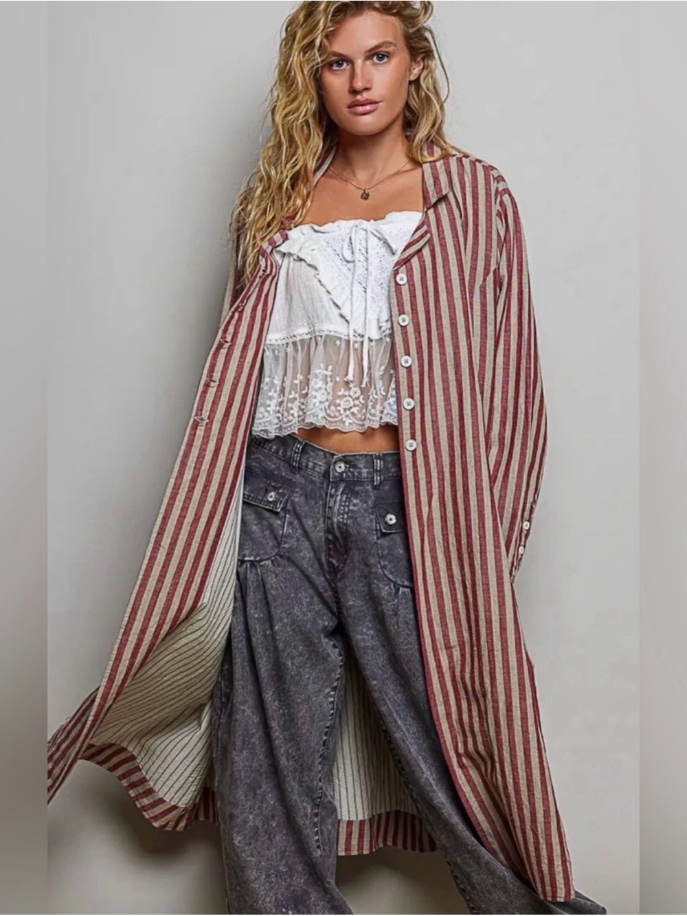 New from POL! Striped Longline, Lagenlook, Duster Coatigan in Red and Cream